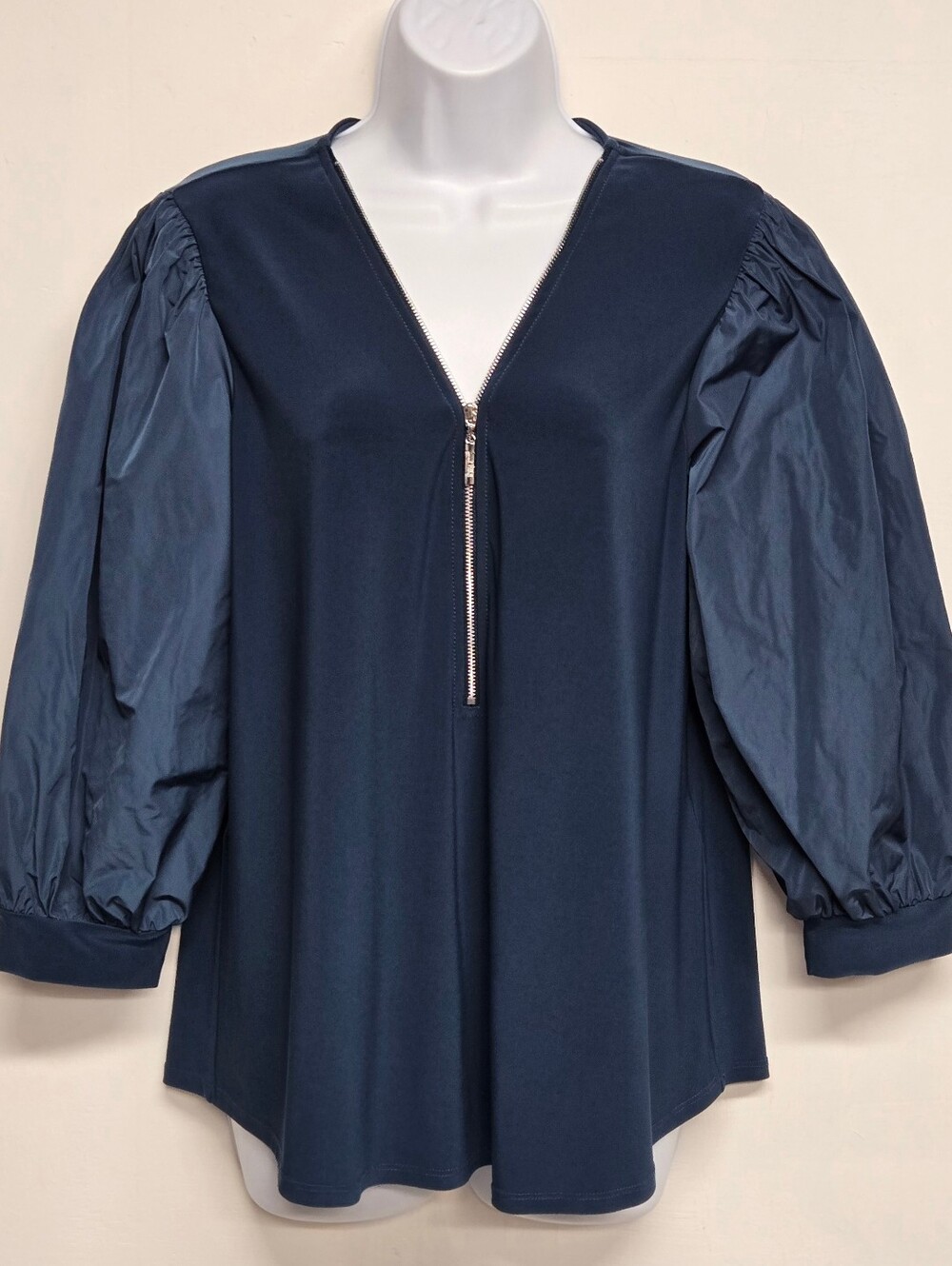 Joseph Ribkoff 12 Nightfall Navy Top Zip Detail 3/4 Voluminous Puff Sleeve